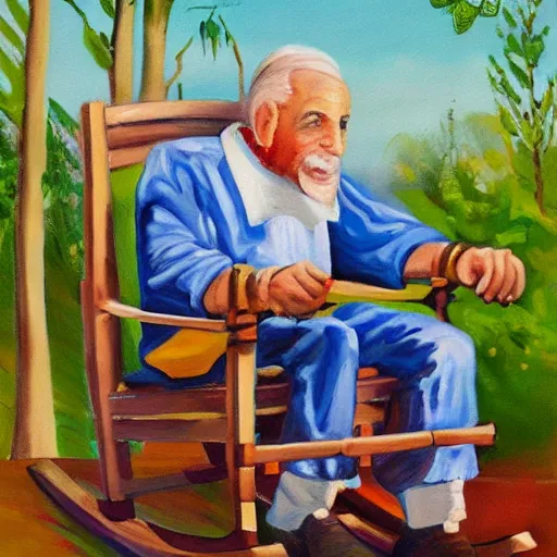 Prompt: a painting of grandpa yocheved avigayil batya tzfira wearing overalls on a rocking chair, telling stories, cute and wonderful vivid painting