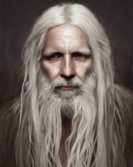 Image similar to portrait of 4 0 - year - old man with long white hair with a pale complexion, clear face, pointed face and grey eyes, hyper realistic face, beautiful eyes, fantasy art, in the style of greg rutkowski, intricate, alphonse mucha, hyper detailed, smooth