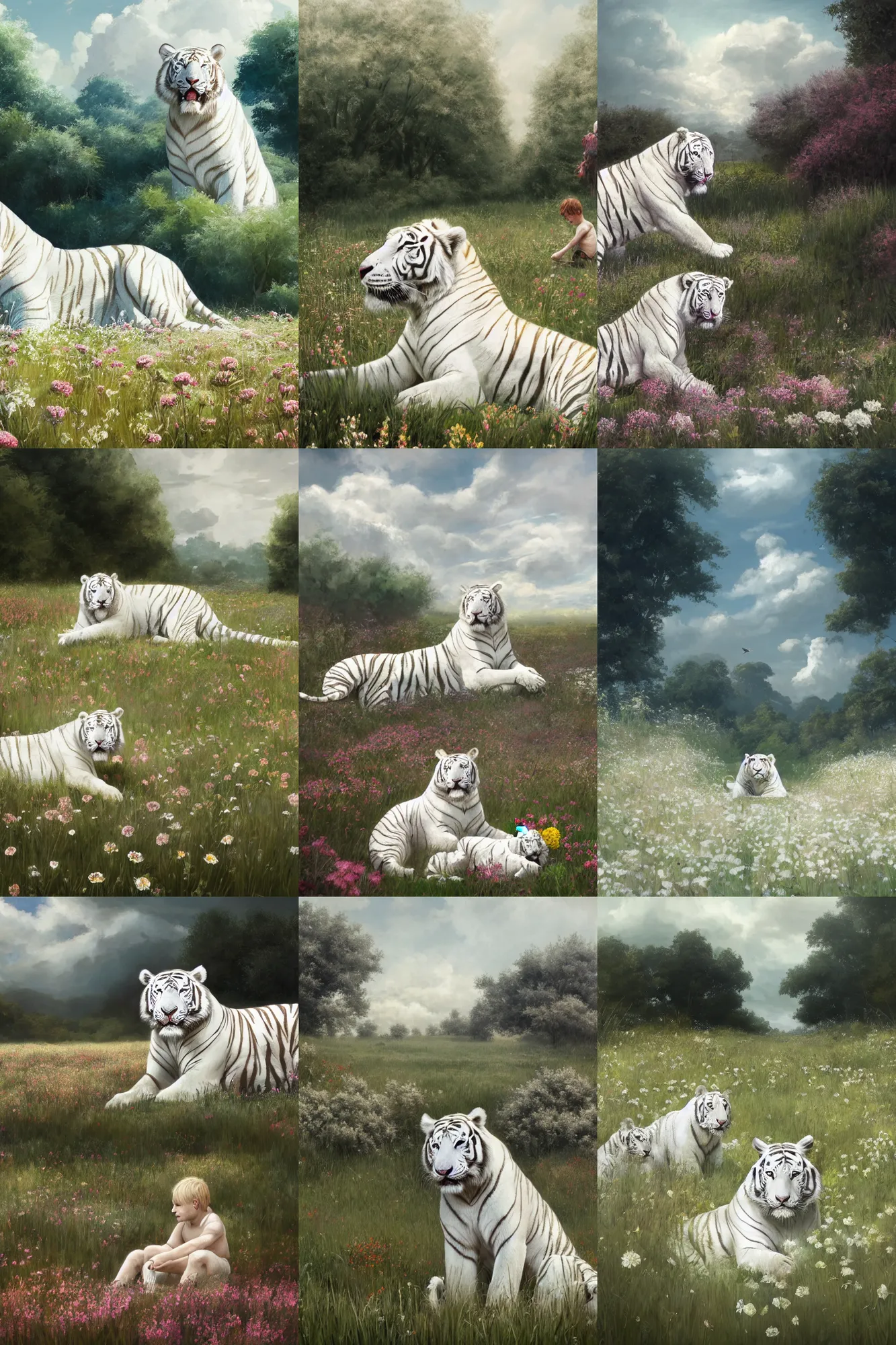 Prompt: a large colossal gigantic huge big albino white tiger sits beside a boy in a field of flowers by Greg Rutkowski, visible brush strokes ,ghibli movie background, jason chan, Maxim Verehin, Peter Konig, photorealistic 8k, cinematic lighting, HD, high detail, atmospheric, trending on artstation