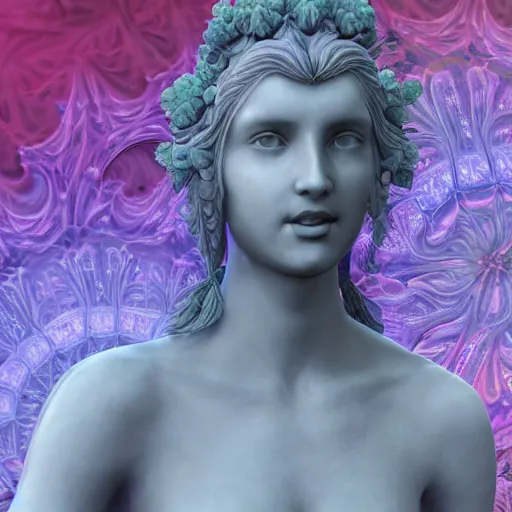 Image similar to an idealistic marble statue with fractal flowery hair in a fractal garden, unreal engine, 8k render, beautiful, full frame,