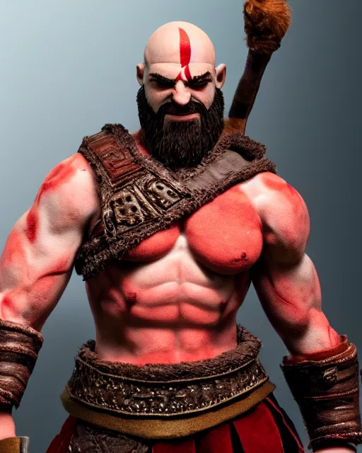 Image similar to kratos as a muppet. highly detailed felt. hyper real photo. 4 k.