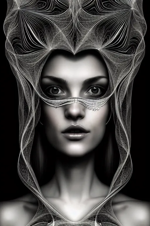 Image similar to portrait of a young beautiful woman with a mask. contemporary photograph and speed painting and fractal and mandelbulb and lines and scribble art. black and white, black on black. intricate, elegant, super highly detailed, professional digital painting, concept art, smooth, sharp focus, no blur, no dof, extreme illustration, Unreal Engine 5, Photorealism, HD quality, 8k resolution, 3D, beautiful, cinematic, art