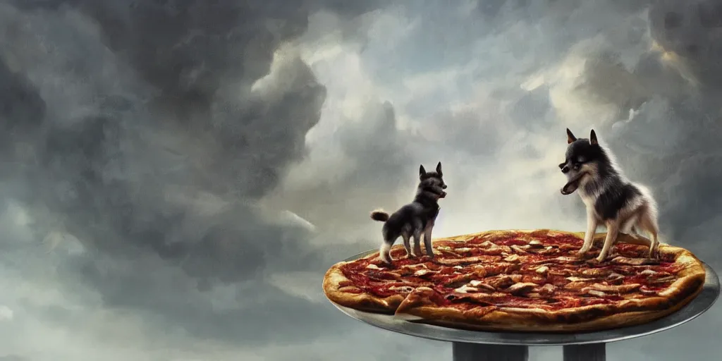 Image similar to breathtaking detailed concept art painting of a pomsky dog eating pizza on the top of a hill. beneath the hill is a tiny village, by hsiao - ron cheng, extremely moody lighting, 8 k