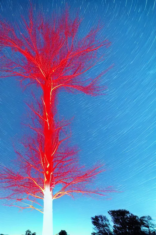 Image similar to A giant glowing red tree made out of light in the center of a corn field blasting off into space, 8K UHD, blue color scheme