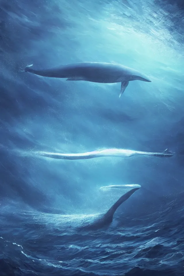 Image similar to a concept scene illustration depicting a blue whale at the bottom of the azure sea, with a crystal texture and a dreamy atmosphere ， super wide angle ， matte painting ， rtx on ， trending on cgsociety and artstation ，