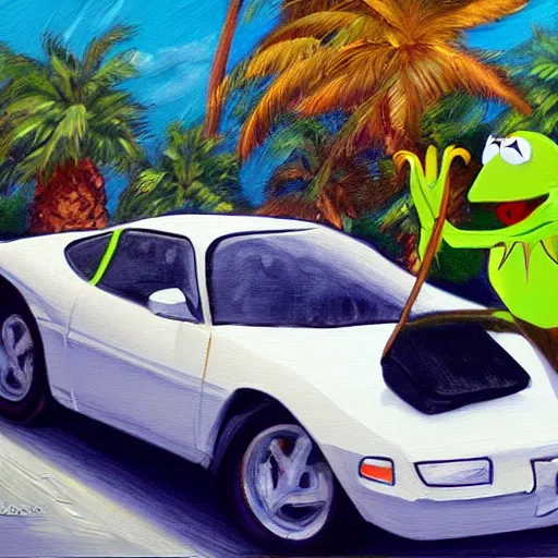 Prompt: kermit driving a car, palm trees, oil painting, detailed