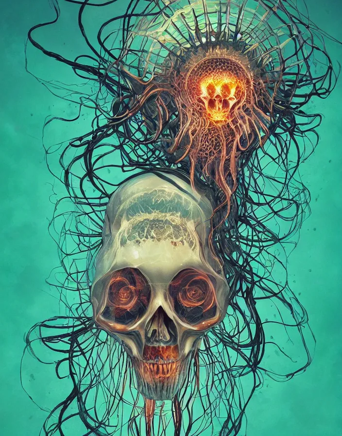 Prompt: horizontally symmetrical portrait of princess of death. skull jellyfish butterfly phoenix head. burning water. intricate artwork by Tooth Wu and wlop and beeple and dan mumford. octane render, trending on artstation, greg rutkowski very coherent symmetrical artwork. cinematic, hyper realism, high detail, octane render, 8k, depth of field, bokeh. iridescent accents