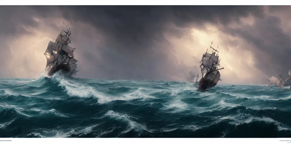 Image similar to Wide shot of a pirate vessel sailing on wild ocean waters during a thunderstorm, crashing waves, 4k, cozy wallpaper, trending on Artstation, award-winning, art by Greg Rutkowski