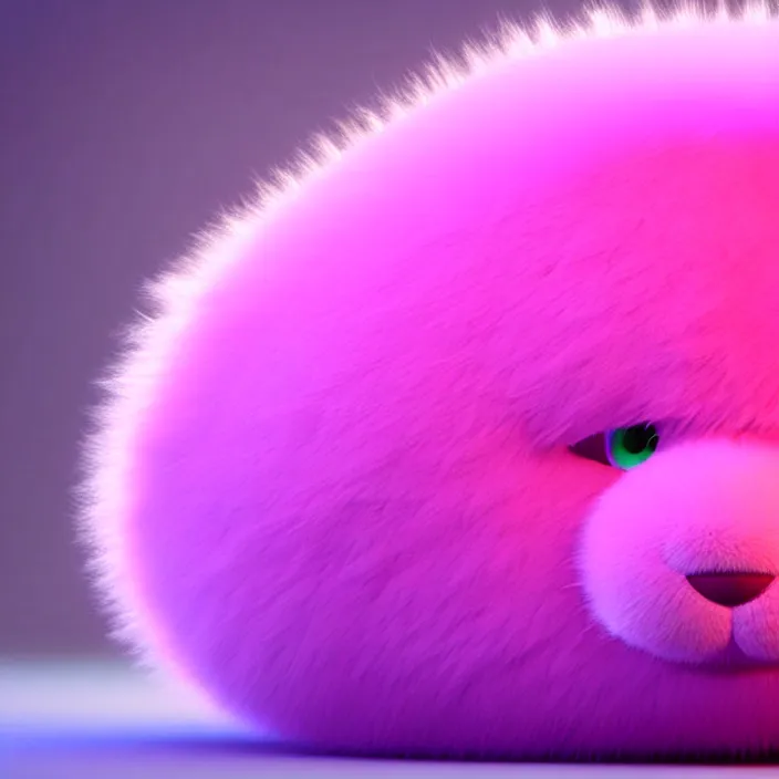 Image similar to high quality 3 d render hyperrealistic very cute big spherical creature, whiskers, plush mascot, short spiky dense fluffy smooth hair, isometric 3 d, psychedelic lighting pink fluffy fur 1 cm long, 1 5 0 mm, smooth background, artstation, ultra detailed, elegant, ultra detailed, octane render