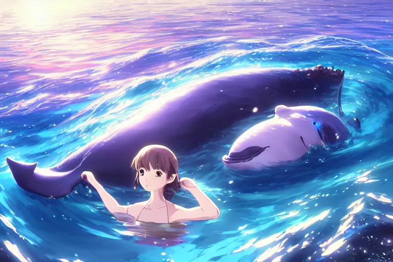 Image similar to a panorama view under the water, anime art full body portrait character concept art, hyper detailed cg rendering of a cute girl and whale, anime key visual of children of the sea, finely detailed perfect face, style of raphael lacoste, makoto shinkai, violet evergarden, studio ghibli, james jean, hayao miyazaki, extremely high quality artwork