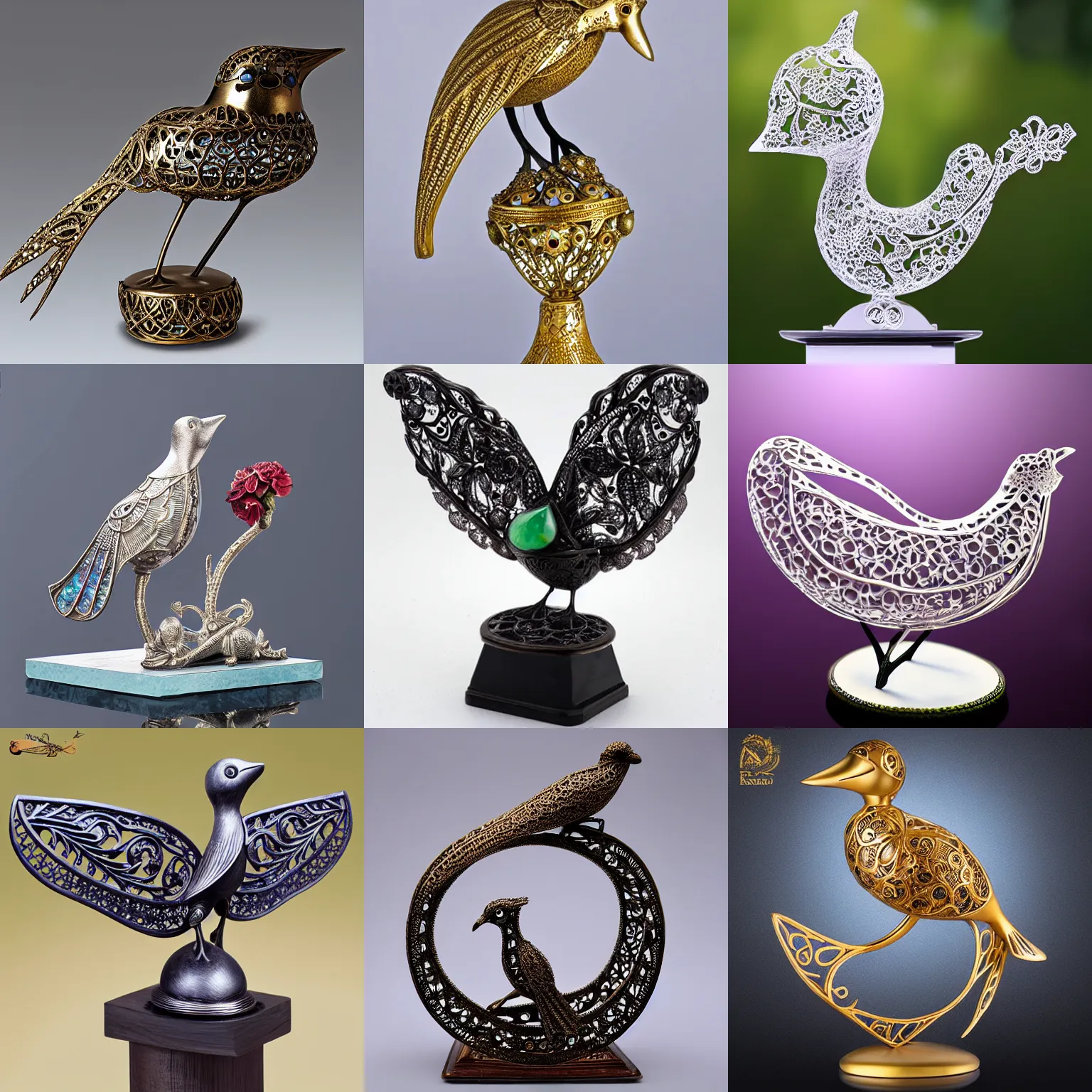 Prompt: hollow filigree bird - shaped statue, with a gemstone inside it, detailed 8 k, award - winning photography
