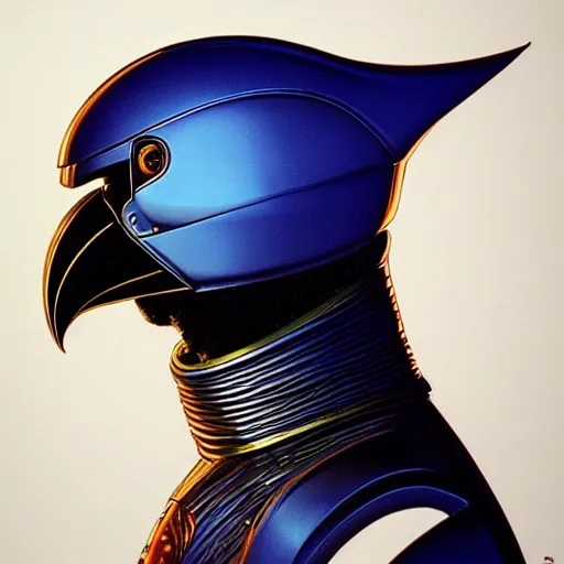 Image similar to self portrait of a humanoid raven with a helmet in the shape of a beak. digital art, photorealistic, ultradetailed, award winning concept art in the style of Science Fiction. art by Syd Mead and Moebius, trending on artstation, devianart, cgsociety