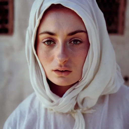 Prompt: photo, sophie turner, morocco, white clothing, ektachrome, portrait, close up, 5 0 mm,