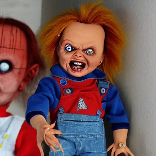 Prompt: Chucky the killer doll for sale in a pawn shop