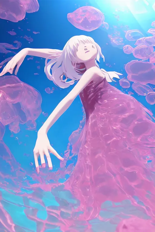 Prompt: 3D CG anime Land of the Lustrous Houseki no Kuni character Ventricosus translucent very pink jelly woman with thick chest size and pink transparent dress frills floating at the bottom of the ocean near the surface, sun rays shine through the water, beautiful composition, 3D render, cel shaded, 8k, key visual, made by Haruko Ichikawa, Makoto Shinkai, studio Ghibli, Kyoto Animation