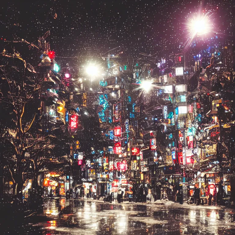 Image similar to illustration of tokyo with many lights and lens flares, snowy winter christmas night
