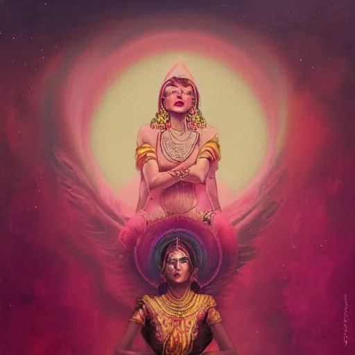 Image similar to old Indian majestic lady guru, looking upwards, despair, pink and gold, kneeling, mystic, by Anato Finnstark, Tom Bagshaw, Brom