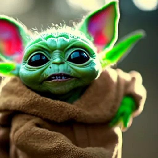 Image similar to real life Grogu, Baby Yoda, cute!!!, adorable!!!, ultra realistic!!!, golden hour, sharp focus