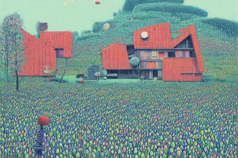 Image similar to surreal glimpse into other universe, house by kengo kuma, summer morning, very coherent and colorful high contrast, art by!!!! gediminas pranckevicius!!!!, geof darrow, floralpunk screen printing woodblock, dark shadows, hard lighting, stipple brush technique,