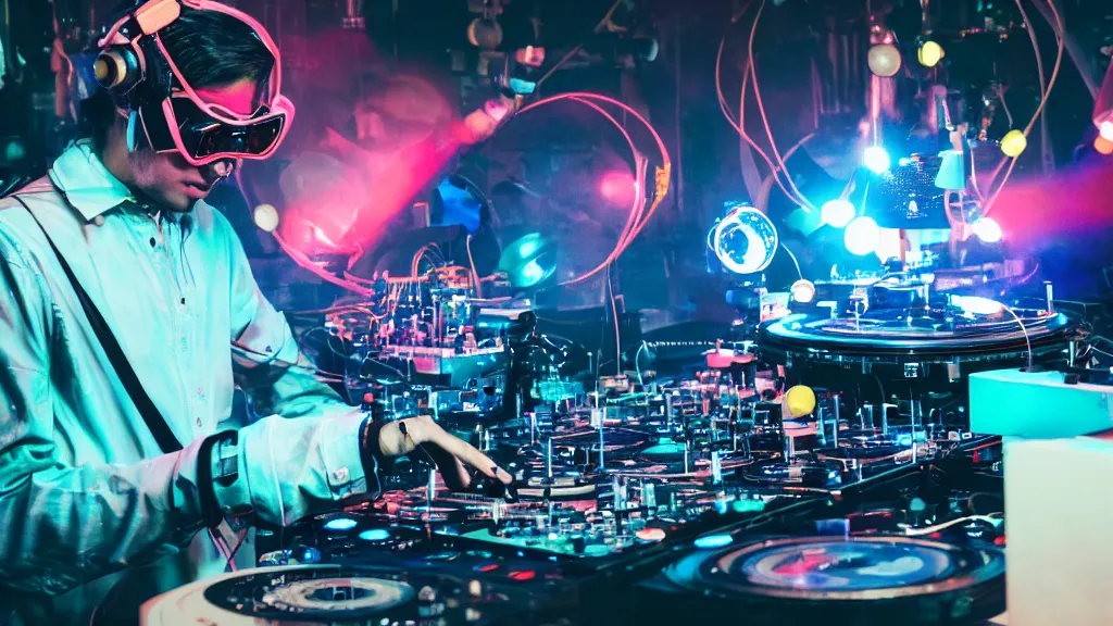 Image similar to a person wearing goggles and visor and headphones using a steampunk record player contraption, wires and tubes, turntablism dj scratching, intricate planetary gears, cinematic, imax, sharp focus, leds, bokeh, iridescent, black light, fog machine, hazy, lasers