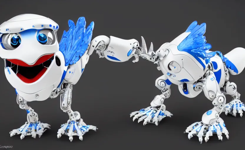 Prompt: cute robotic griffin, white and blue metal, in the style of Pixar, CGI, trending on art station, 8K