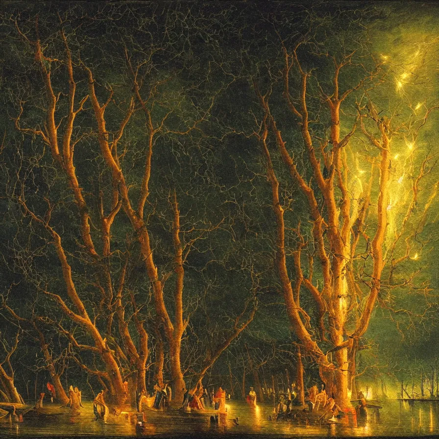 Image similar to closeup of a night carnival around a magical in a summer storm, tree cavity with a music scenario with many fireworks and christmas lights, next to a lake with iridiscent lake water, volumetric lightning, folklore people disguised with fantastic creatures in a magical forest by summer night, masterpiece painted by caspar david friedrich, scene by dark night environment, refraction lights,