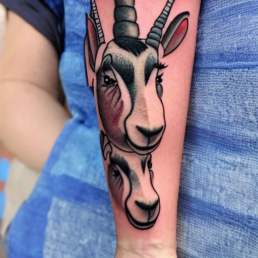 Image similar to a tattoo of billy the Disney goat with a churro in their mouth