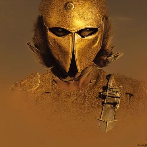 Prompt: illustration, hussar, desert, dusty, natural lighting, golden color of the sun, armor, details, photo realistic, winner of the year's best photo