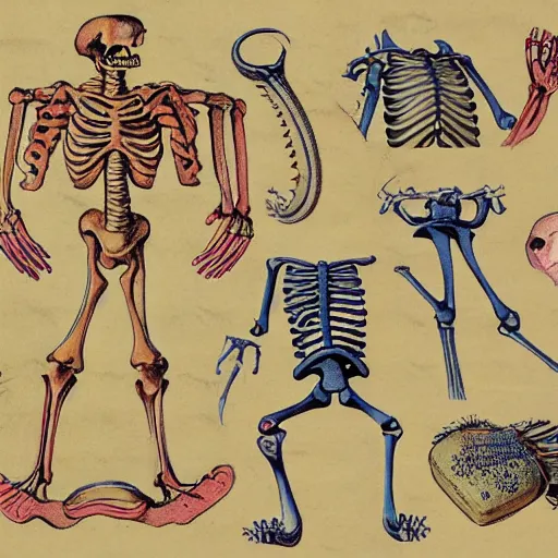 Image similar to vintage, detailed, colored sketch of spongebob anatomy, full body, skeleton, with full descriptions, on parchment