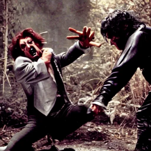 Image similar to Wdward Scissor-hands battling with Freddie Kreuger, cinematic hollywood action sequence, movie-still, gritty-thriller-action-horror