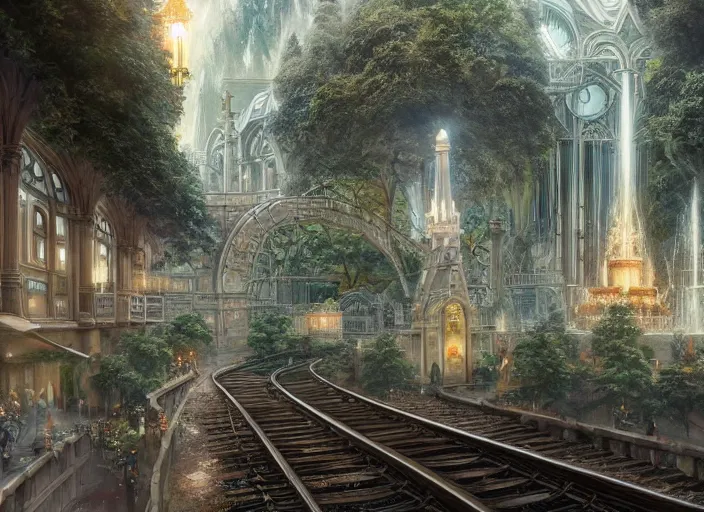 Image similar to A train subway inside a beautiful elven city made of white marble, anime, lush trees, fountain, statue, big clock, trains, a fantasy digital painting by Greg Rutkowski and James Gurney, trending on Artstation, highly detailed