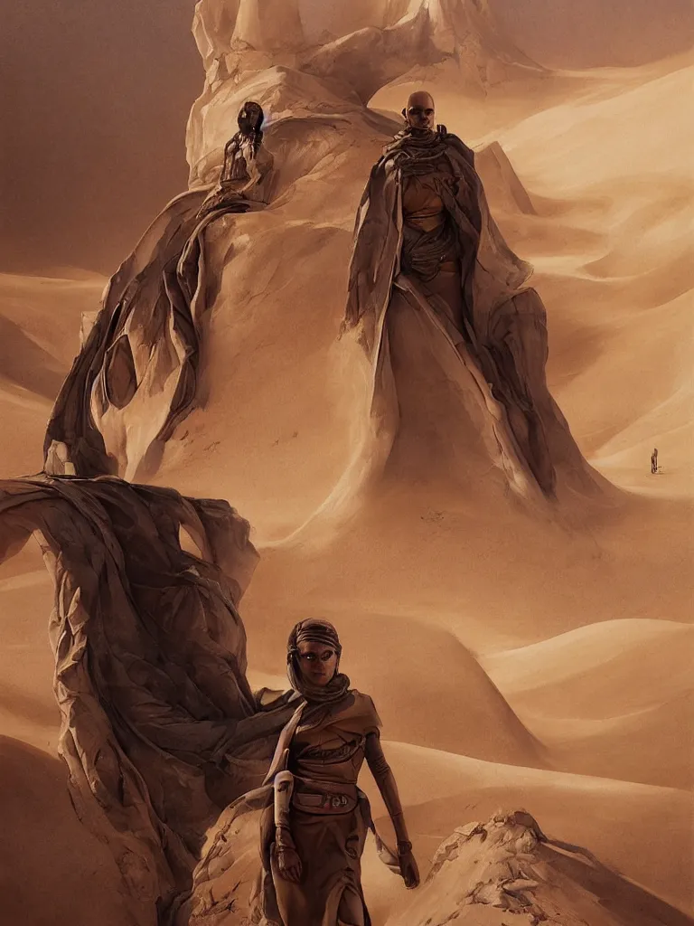 Prompt: a stunning hyperrealistic character from the movie Dune walking through an arid minimalistic desert with harsh noon sunlight with an oasis in the background, award-winning, masterpiece, in the style of Tom Bagshaw, Cedric Peyravernay, Peter Mohrbacher