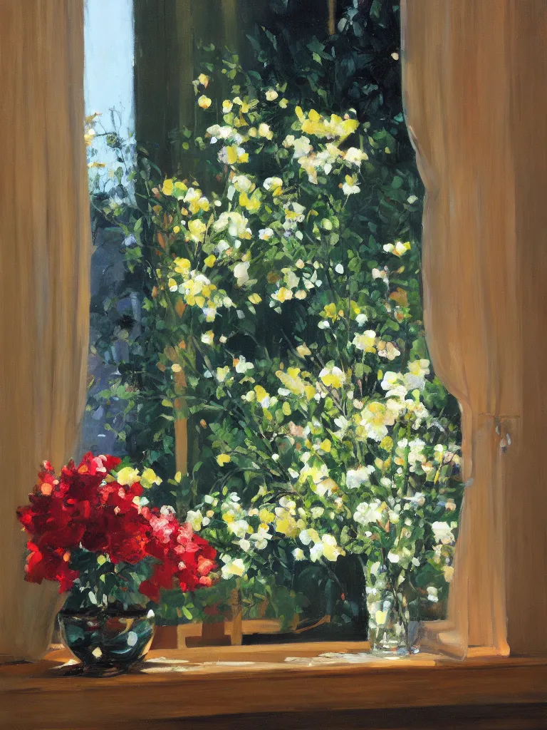 Prompt: gorgeous flowers by Ben aronson, oil on canvas, evening, window with art nouveaucurtains