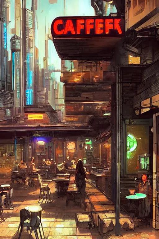 Prompt: beautiful digital art of cyberpunk cafe by james gurney