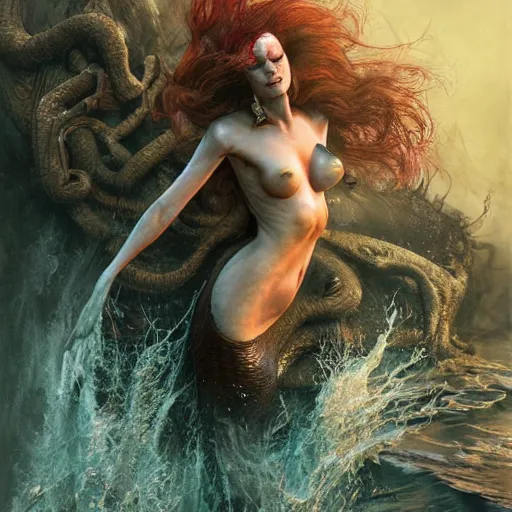 Prompt: a sad mermaid smothered in motor oil and thrash, ultra realistic, concept art, intricate details, highly detailed, photorealistic, octane render, 8 k, unreal engine, art by frank frazetta, simon bisley, brom