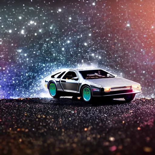 Prompt: a commercial photography of a hot wheels delorean car on a suburban street diorama scene, cinematic lighting, product shot, detailed, hq, macro lens