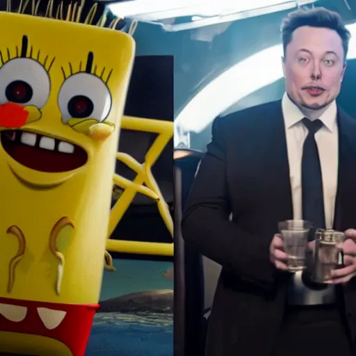 Image similar to a cinematic shot of Elon Musk smoking weed with SpongeBob, masterpiece