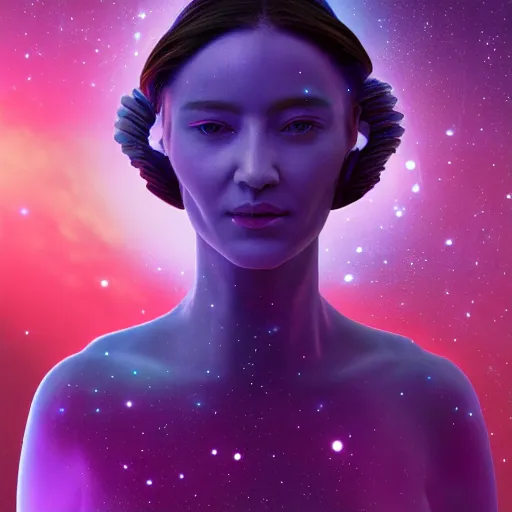 Prompt: A beautiful female cosmic being with a nebula as its body by Beeple, 8K, UHD , Trending on artstation.
