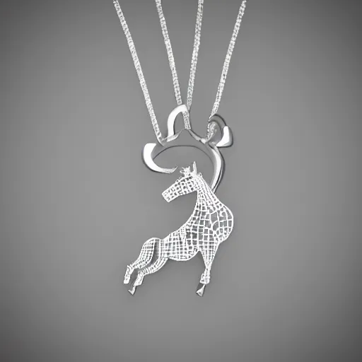 Image similar to a silver unicorn necklace pendant, 3 d rendering, in the style of pandora, tiffany, swarovski, van cleef & arpels, cartier, boucheron, bulgari, chaumet, elegant, noble, stylish
