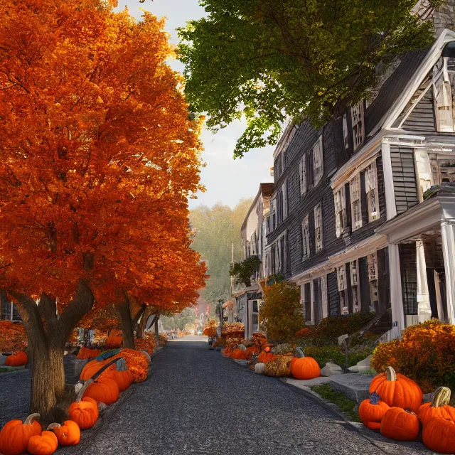 Prompt: small new england stone colonial city street with shops and pumpkins, maple trees with fall foliage, new hampshire mountain, stone street, volumetric, realistic, cinematic lighting, ray tracing, unreal engine 5, octane render, hyper realistic, photo, 8 k