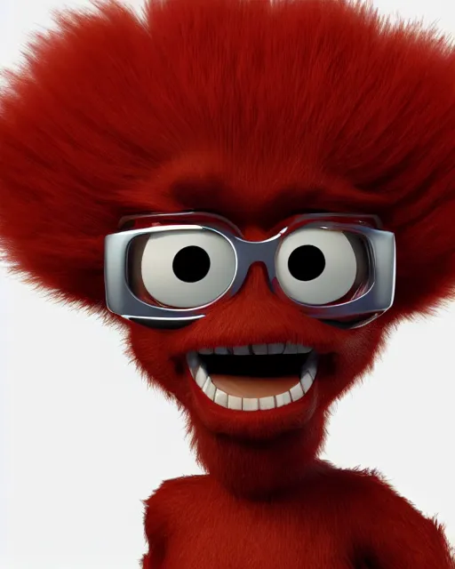 Image similar to 3 d render of completely red hairy friendly antropomorphic cartoony creature wearing chrome shades, without nose, full body, in the style of pixar, simple, cute, white background, unreal engine 5, octane render, highly detailed hdr