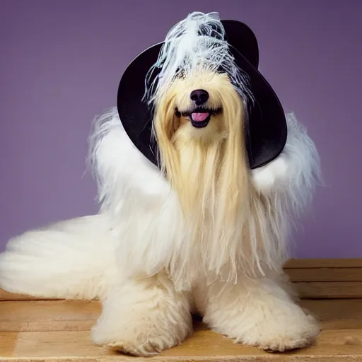 Prompt: a cream - colored havanese dog sitting on top of a wooden bench, wearing a large black sunhat, corset, and furry boots, legs spread, an album cover by david lachapelle, behance, transgressive art, 1 9 9 0 s, made of feathers, full body