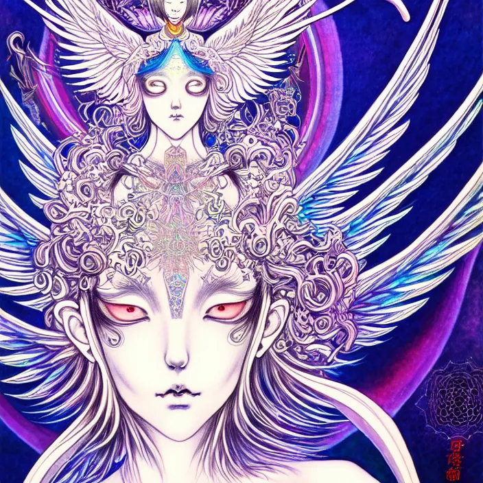 Prompt: stylized art of an psychedelic angelic celestial being by jung gi kim, trending on pixiv, anime style, winged head, white gold skin, ayahuasca, sacred geometry, esoteric art, watercolor