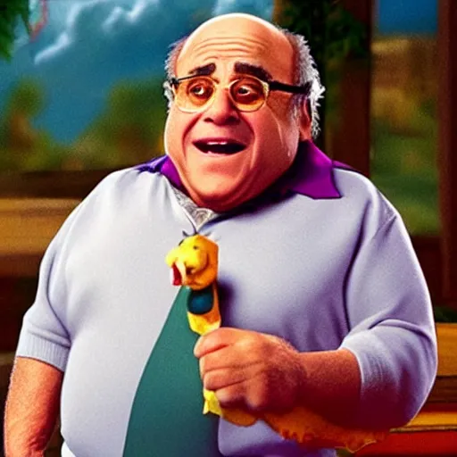 Image similar to A movie still of Danny Devito as a Disney princess