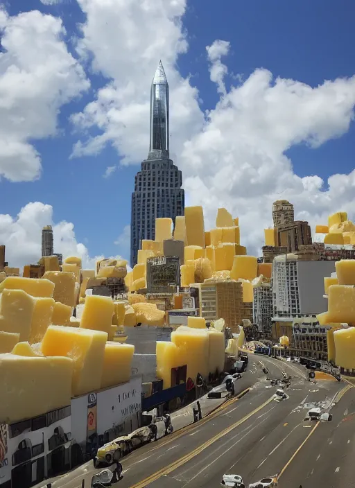 Prompt: city of cheese stretching to the sky