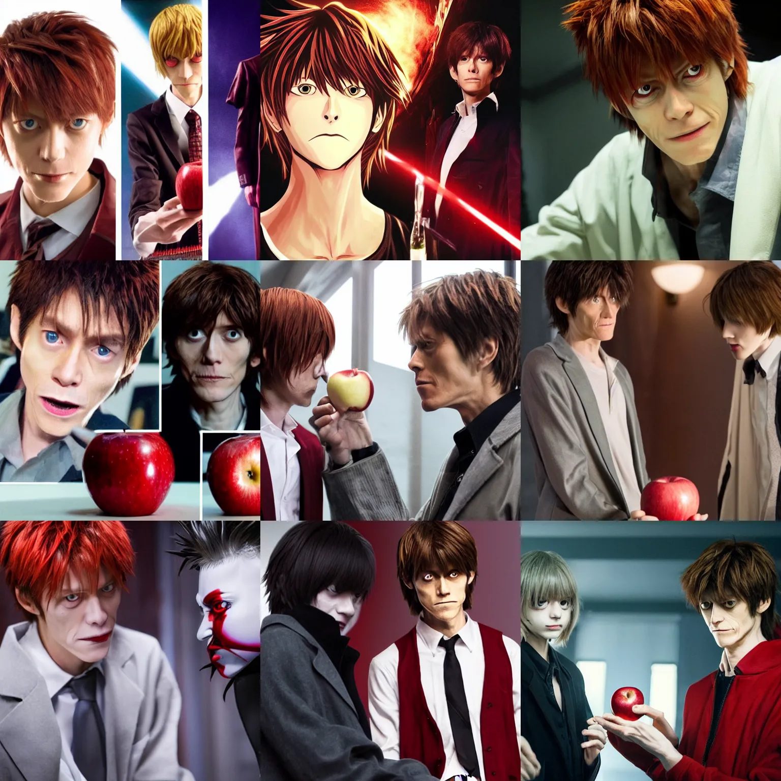 Prompt: real Light Yagami (Even Peters ) gives a red apple to Ryuk (Willem Dafoe), Death Note Netflix live adaptation, Netflix series, adversitement