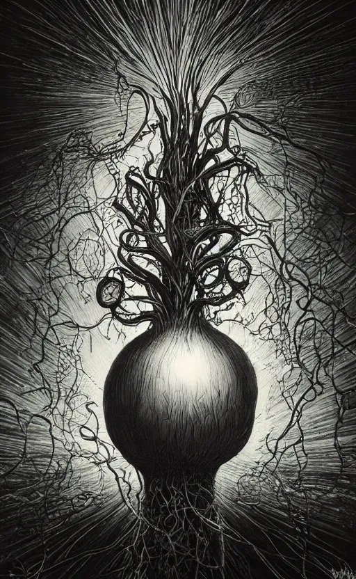 Prompt: portrait of lovecraftian onion with an eye in the middle of it, surrounded by beams of light dark background by wayne barlow, stanley donwood, anton semenov, zdzislaw bekinski, hr giger, 8 k, fantasy, dark, highly detailed