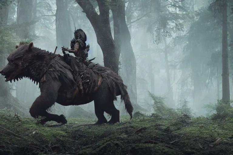 Image similar to vfx movie closeup detailed ancient armored warrior orc hunting riding large bear in the forest, natural lighting by emmanuel lubezki