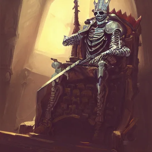 Prompt: Skeleton King, plate armour, resting on his throne, crown, oil painting, by Fernanda Suarez and Greg Rutkowski