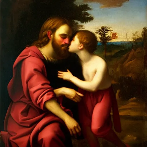 Image similar to 1 8 th oil panting of a jesus kissing with maria maddalena